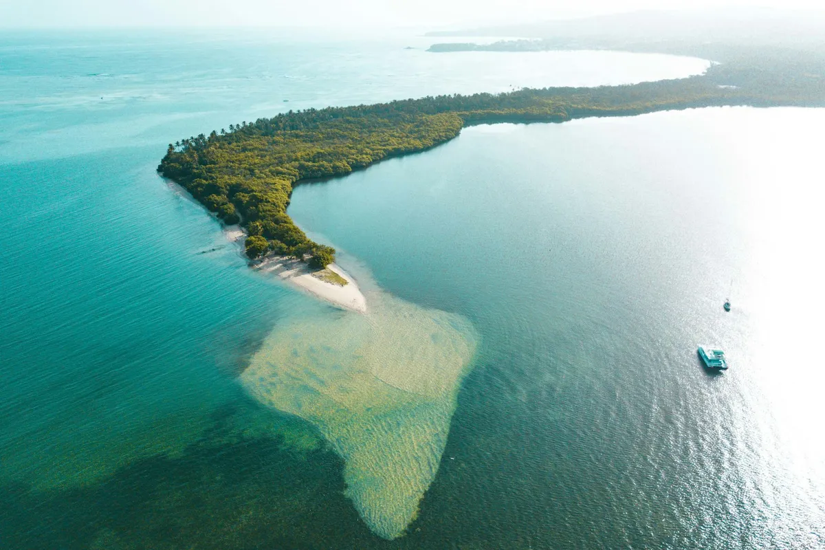 Aerial view of No Man's Land sandspit and the sea off Tobago
